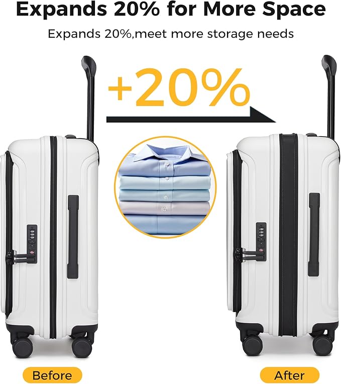 20“ Expandable Carry on Luggage Front Opening, 22x14x9 Airline Approved Hardshell Spinner Suitcase with Wheels, TSA Lock, Lightweight Travel Luggage (White, 20 inch)