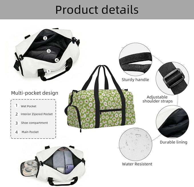 Daisy Field Watercolor Spring Summer Women'S Gym Duffle Bag With Shoes Compartment, Ideal For Travel, Gym, Sports, Duffel, Weekender