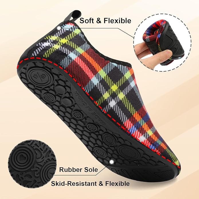 QFH Womens & Mens Cozy House Slippers - Portable Travel Shoes with Flexible Rubber Sole & Soft Velvet Lining