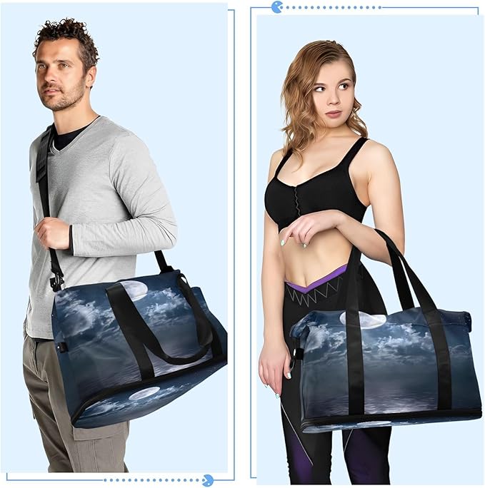 Travel Duffel Bags for Women Starry Moon over Water Sports Duffel Bags Gym Bags with Shoes Compartment Tote Bag Weekender Bag for Travelling