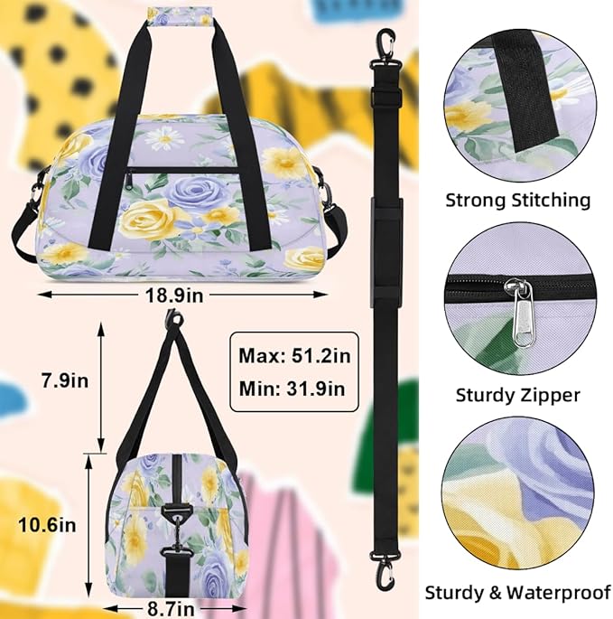 Kids Duffle Bag Girls Boys Spring Summer Rose Flowers On Purple Weekender Overnight Bag,Lightweight Duffel Bags for Traveling Gym Sport Dance