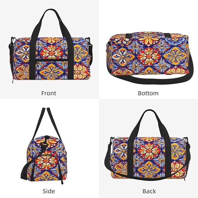Sports Gym Bag Traditional Mexican Mandala Floral Travel Duffel Bag With Shoe Compartment Shoulder Strap, Lightweight Water-Resistant Weekend Overnight Totes For Women Men