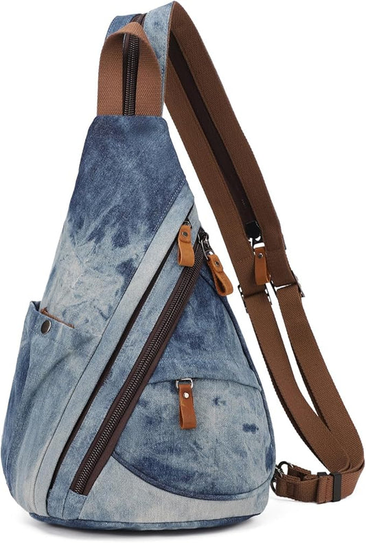 KL928 Canvas Sling Bag - Small Crossbody Backpack Shoulder Casual Daypack Rucksack for Men Women(Blue-white Washed)