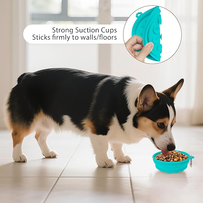 2-Pack Collapsible Dog Bowls with Suction Cups & Scraper - 16oz Travel Pet Bowls for Food/Water, Non-Slip Feeding Dish for Dogs, Includes Carabiner Clip Cyan-Olive Green