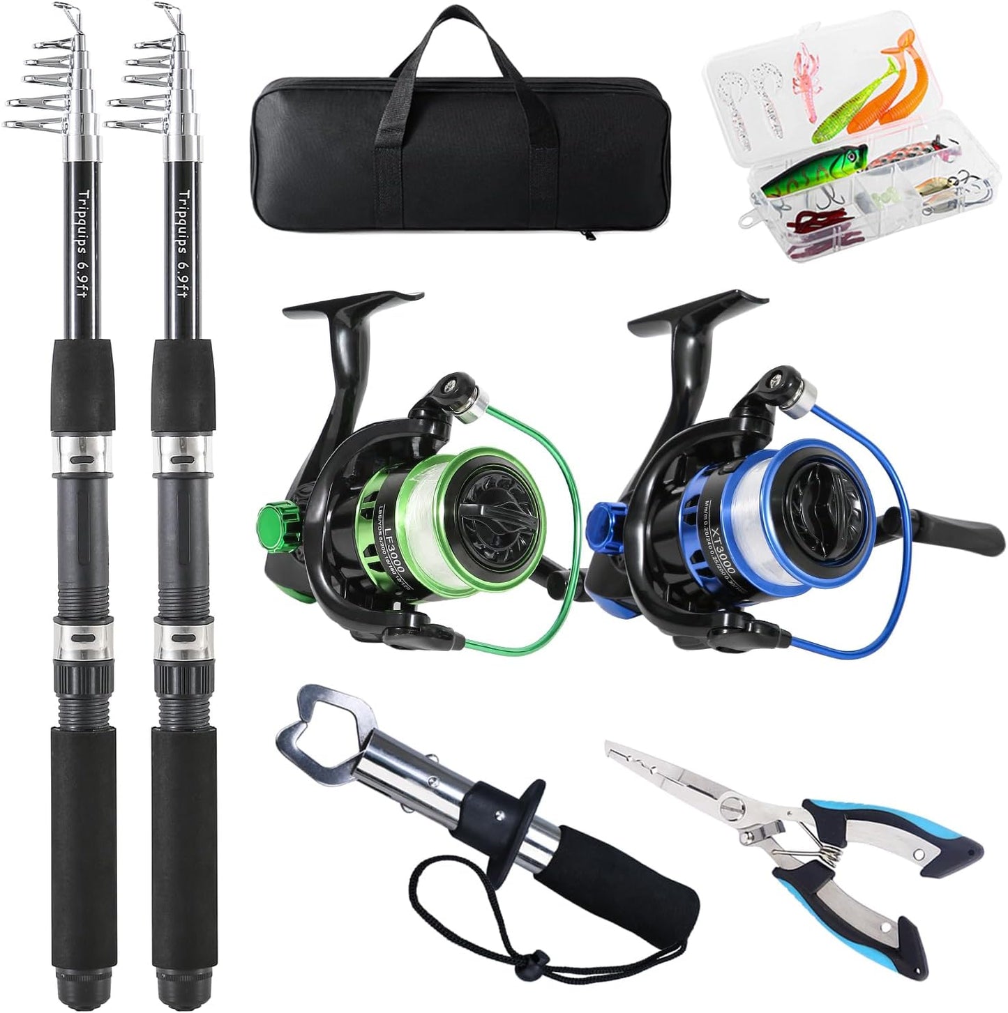 Fishing Rod, 2PCS Telescopic Fishing Rod and Reel Combo with Fishing Pliers and Lip Gripper, Pre-Loaded Spinning Reel Combo, Fishing Pole with Carrier Bag Fishing Gear