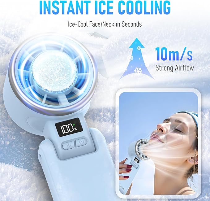 Upgraded Portable Handheld Fan with 60°F Ice Cooling, Up tp 12Hrs Personal Fans Portable Rechargeable, 5 Speed 25550RPM Powerful Portables Fan Handheld, Hand/Neck/Desk Fan 3 IN 1(Blue)