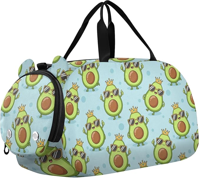 Cartoon Avocado Sunglasses Blue Pattern Kids Sports Duffle Bag for Boys Girls Toddler Weekender Overnight Bag with Shoe Compartment & Wet Pocket Kids Travel Bag for Travel Gym Sport Dance