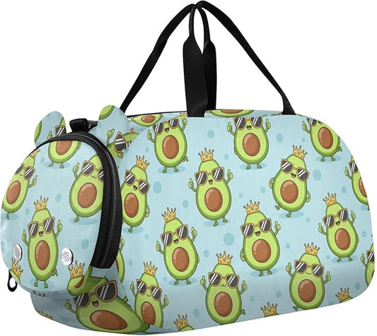 Cartoon Avocado Sunglasses Blue Pattern Kids Sports Duffle Bag for Boys Girls Toddler Weekender Overnight Bag with Shoe Compartment & Wet Pocket Kids Travel Bag for Travel Gym Sport Dance
