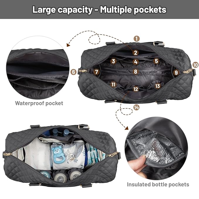 LOVEVOOK Diaper Bag Tote with Pacifier Case and Changing Pad, Large Capacity Mommy Bag for Hospital and Weekender Travel, Functional Baby Bag Newborn Baby Essential, Black