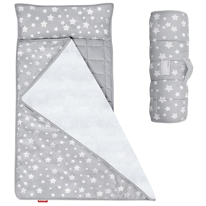 Toddler Nap Mat 2 Pack, Nap Mat for Toddlers Preschool, Daycare and Fleece Minky Blanket, Lightweight, Soft, Gray and Navy