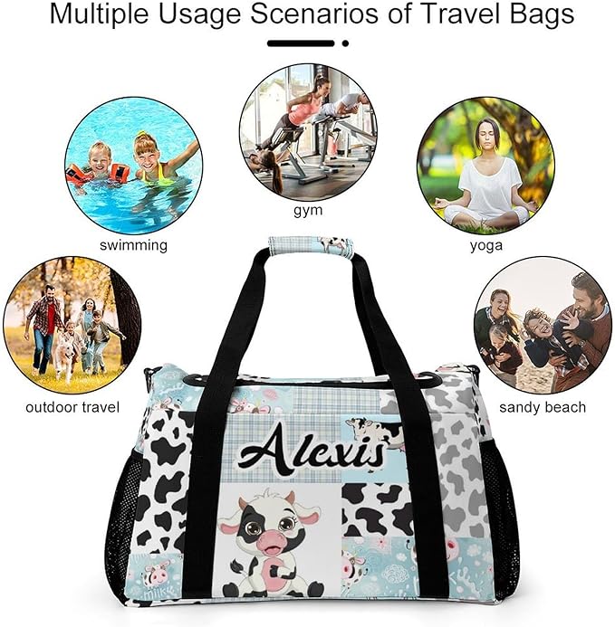 Gym Bags Blue Plaid Patchwork Cow Pattern Duffel Bag Adjustable Shoulder Strap Perform Training Travel Bag for Teens Adults Women Men Overnight Bag