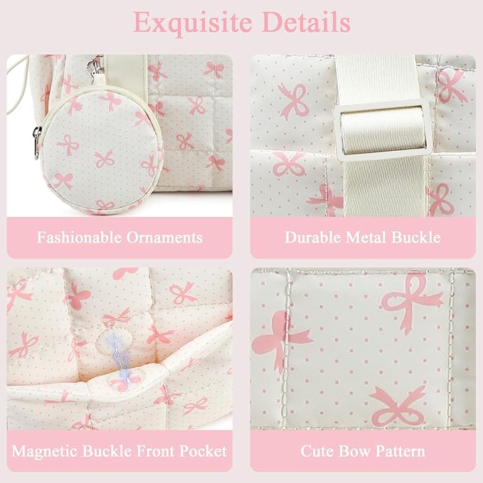 CAMTOP Mini Gym Bag for Women, Small Gym Tote Bag Puffy Quilted Sports Duffel Bag with Wet Compartment and Coin Purse Duffel Bags Dance Yoga Workout Bag for Gifts (Beige Pink Bow, Mini-12.6")