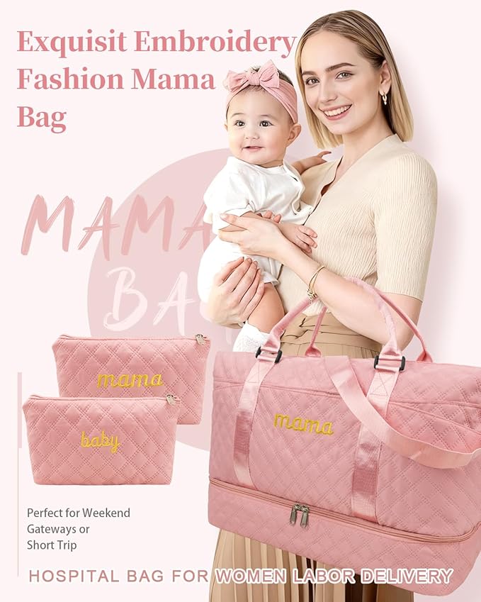 Mama Baby Pregnancy Hospital Bag Essentials for Women Labor Delivery Diaper Organizer with Shoe Compartment,2 Waterproof Toiletry Pouch Travel Duffle Bag for Mommy Weekender Overnight Gym Gifts,Pink