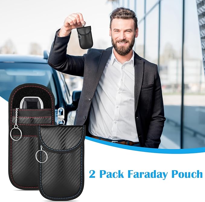 2 Pack Faraday Key Fob Protector, Premium Car RFID Signal Blocking Pouch, Secure Faraday Bag for Car Key Fob, Anti-Theft Case (Red+Blue, Small)