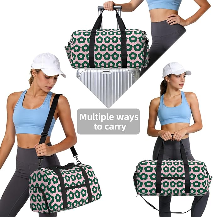 Cute Green Floral Pattern Retro Women'S Gym Duffle Bag With Shoes Compartment, Ideal For Travel, Gym, Sports, Duffel, Weekender
