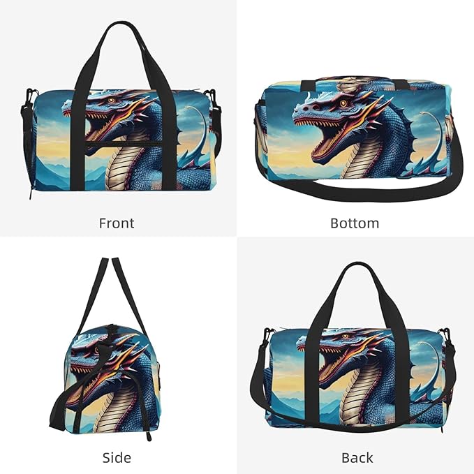 Roaring Dragon Print Gym Bag with Shoe Compartment for Women Men, 17.7in Sports Duffle Weekender Tote, Overnight Travel Duffel Bag Carry On