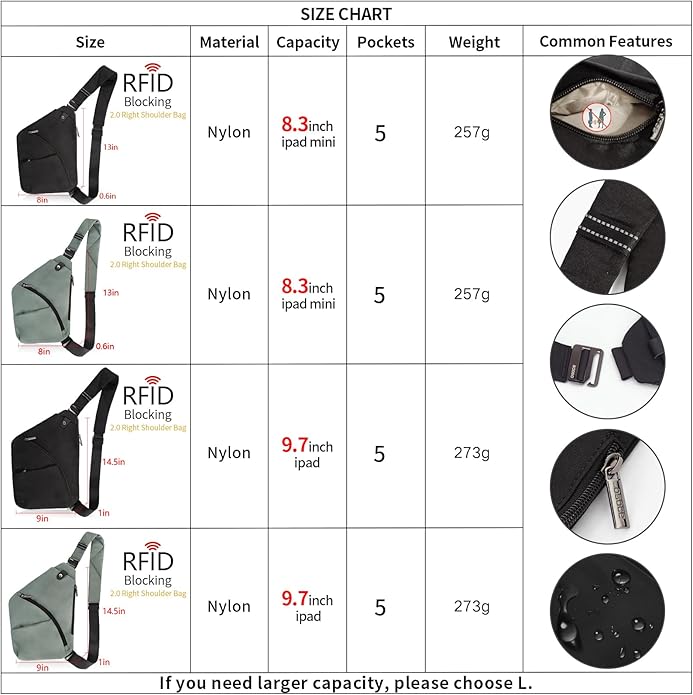 Crossbody Sling Bag, Water-Resistant Anti Theft Chest Pack, Minimalist Commuter Daypack for Travel Hiking Work