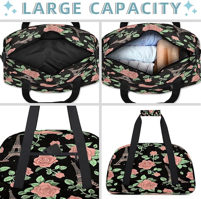 Sports Duffel Bags, Pink Rose Eiffel Tower Pattern Water-Resistant Gym Duffle Bag for Men Women, Lightweight Weekender Overnight Bag for Fitness, Workout, Travel