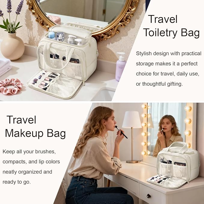 Travel Toiletry Bag for Women, Lightweight Large Quilted Puffy Makeup Bag Wide-open Make up Organizer Cloud Cosmetic Bag w/Handle for Traveling Toiletries, Essentials, Accessories, Beige