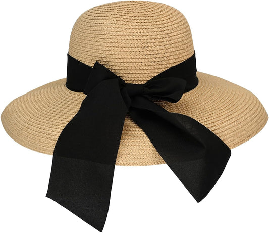 Surblue Straw Summer Hat Women's Floppy Sun Hat Wide Brim Beach Bow Hat
