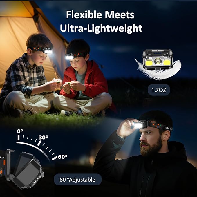LHKNL Headlamp Rechargeable, Lumen Super Bright Motion Sensor Head Lamp Flashlight, Waterproof LED Headlight with White Red Light, 8 Mode Head Lights for Camping Cycling Running Fishing-4 Packs