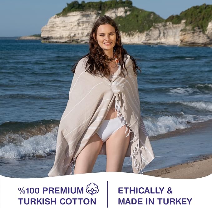 Turkish Beach Towels, Bulk Case of 36 | Oversized, Quick Dry, Sand Free | 100% Cotton, Large 38x71 Towels for Beach, Pool, Travel | Ultra-Soft, Compact, Absorbent | Beige