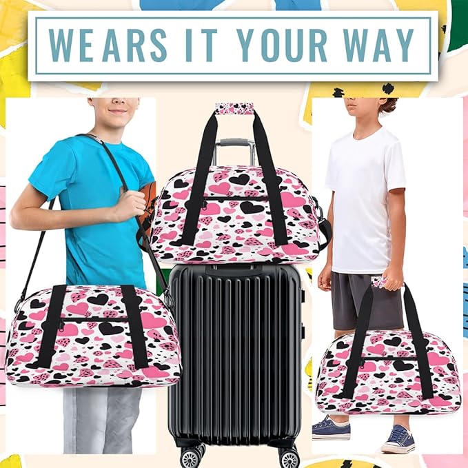 Pink And Black Leopard Print Hearts Sports Duffel Bags, Water-Resistant Gym Duffle Bag for Men Women, Lightweight Weekender Overnight Bag for Fitness, Workout, Travel