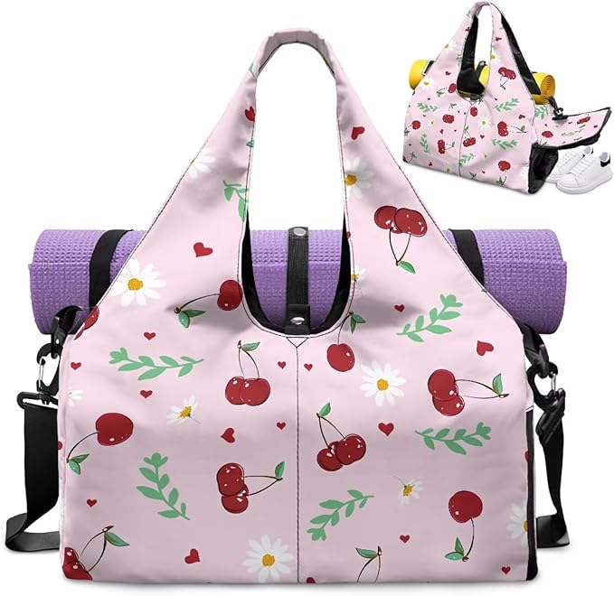 Pink Cherry Print Gym Bag with Yoga Mat Strap and Shoe Compartment, Portable Lightweight Gym Bag with Wet Pocket Water Resistant Gym Duffel for Swimming