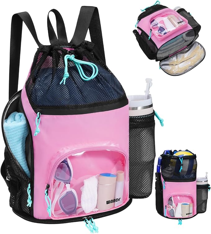 WANDF Swim Bag with Wet Pockets, Sandproof Beach Backpack with 40oz Tumbler Side Pockets, Mesh Drawstring Backpack Swim Bag for Swimming, Pool, Gym and Workout Gear (Pink)