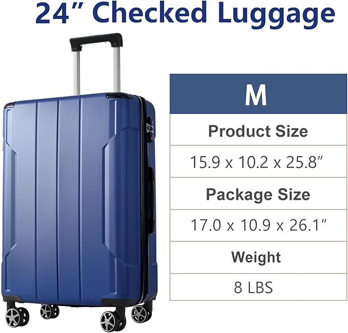 24 Inch Hardshell Luggage Lightweight Checked Luggage, Blue Hardside ABS Suitcases with Double Wheels and TSA Lock, Medium Expandable 24-inch Carry on Luggages for Travel, Men, Women