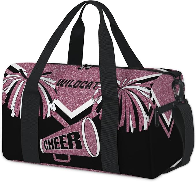 Custom Gym Dance Bag Cheerleading Theme, Personalized Dark Pink Glittering Cheerleader Sports Bag for Teens Waterproof Weekender Carry Practice Travel Tote