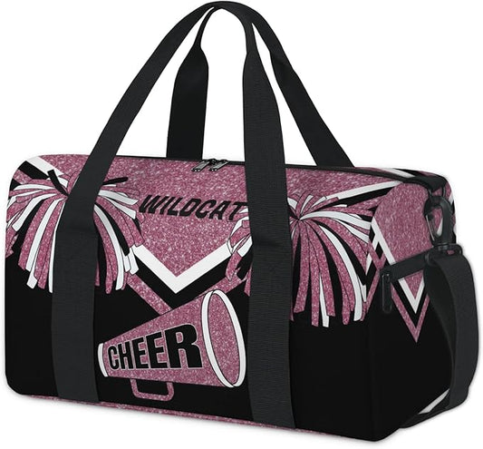 Custom Gym Dance Bag Cheerleading Theme, Personalized Dark Pink Glittering Cheerleader Sports Bag for Teens Waterproof Weekender Carry Practice Travel Tote