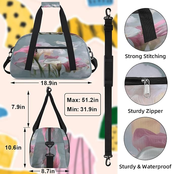 Kids Duffle Bag Girls Boys Watercolor Pink White Calla Lily Flowers Weekender Overnight Bag,Lightweight Duffel Bags for Traveling Gym Sport Dance