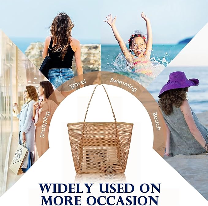 Mesh Beach Bag, Large Beach Tote with Zipper Pocket, Toys Pool Bag for Family Travel Vacation Cruise Essentials