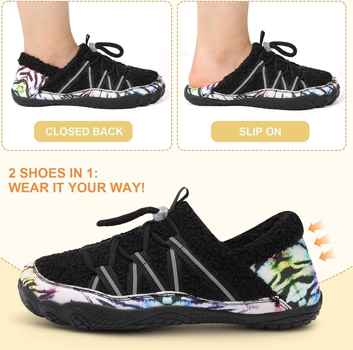 relxfeet Women's Wide Width Slippers Cozy Furry Barefoot House Shoes with Adjustable Fit Non-Slip Indoor Outdoor Slippers for Diabetic Bunion Swollen Feet Friendly