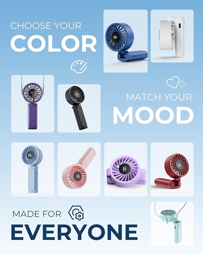 Portable Fan, 4000mAh Rechargeable, 180° Foldable Mini Desk Fan with 6 Wind Speed, LCD Digital Display, Lanyard as Neck Fan, Ultra Quiet, Pocket Size for Indoor Outdoor