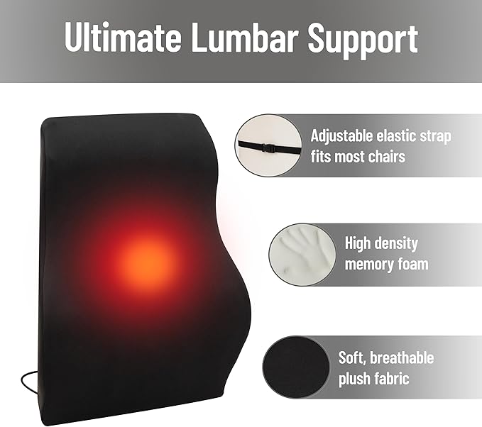 Mind Reader Heated Air-Cloud Lumbar Cushion, Ergonomic Memory Foam Back Support Pillow with Adjustable Heat Settings and Timer, Black