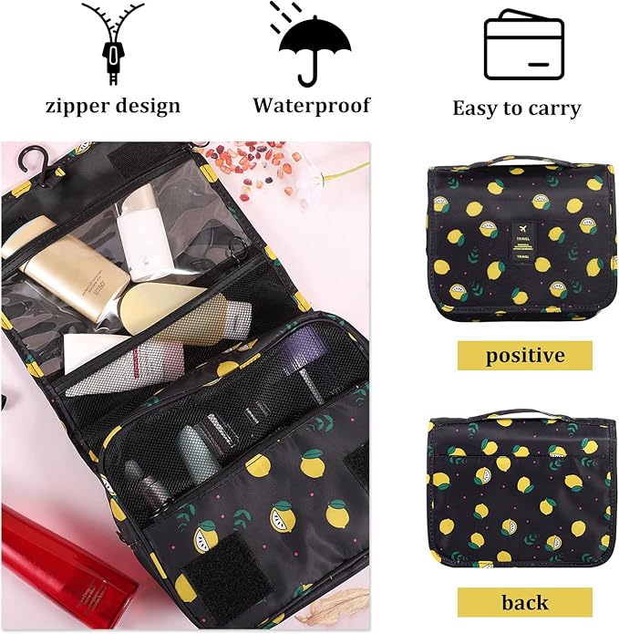Pengxiaomei Toiletry Bag, Waterproof Hanging Cosmetic Bag Portable Travel Makeup Pouch Bathroom Bag Stocking Stuffers for Women Christmas Gifts(Black Lemon)