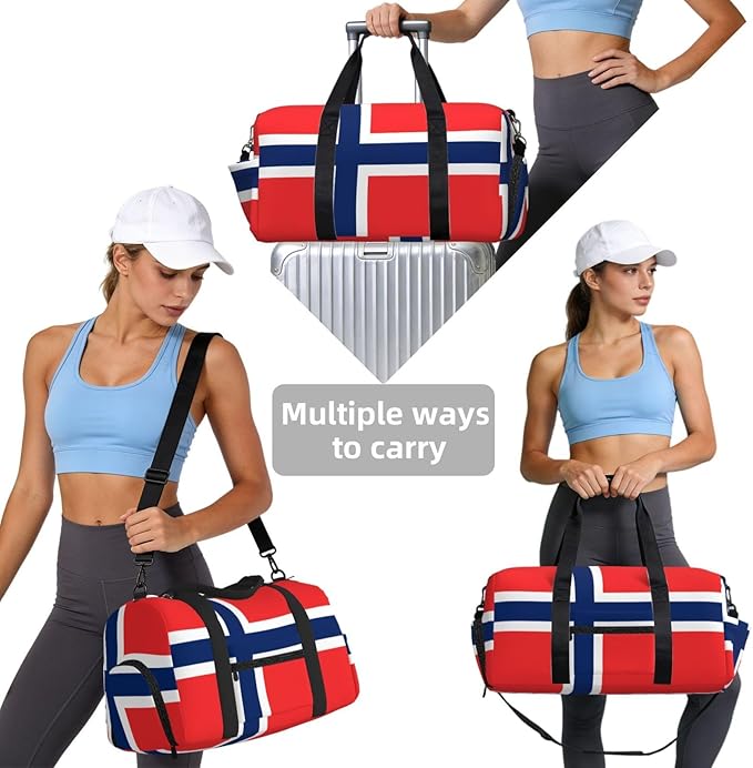 Norwegian flag Print Gym Bag with Shoe Compartment for Women Men, 17.7in Sports Duffle Weekender Tote, Overnight Travel Duffel Bag Carry On