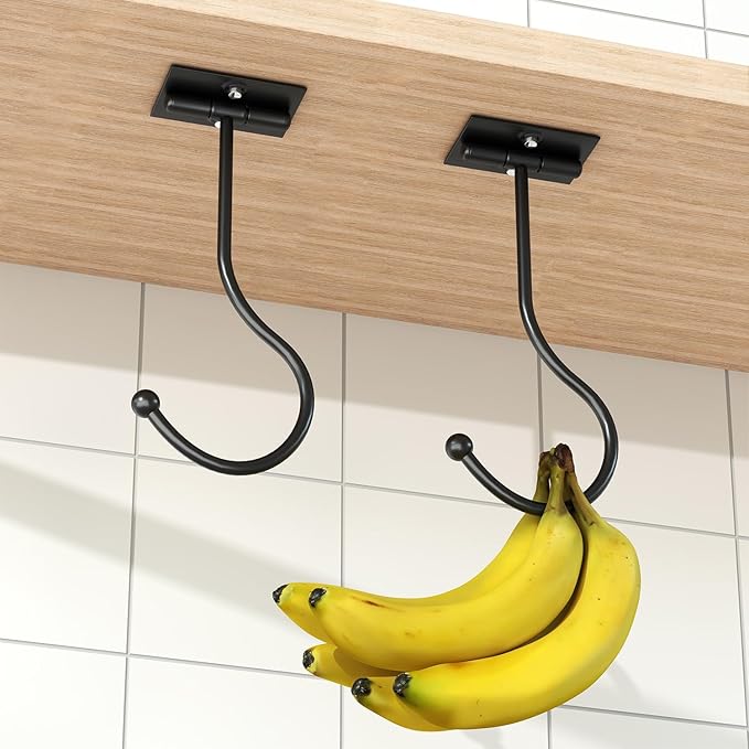 Modern Banana Hanger Hook Under Cabinet: Adhesive Banana Holder, Foldable with Magnets When Not in Use, Under Counter Banana Hook, Stainless, Hold 13 LB, Black, 2 Pack
