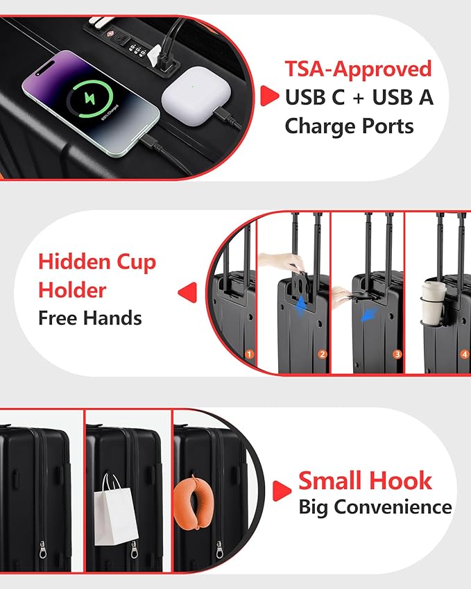 Expandable 20Inch Carry On Luggage Airline Approved - Top Opening Hardside Travel Suitcase Unbreakable -with Cup Holder,USB Charge,Side Pothook, 360°Spinner Wheels, TSA Lock-Black