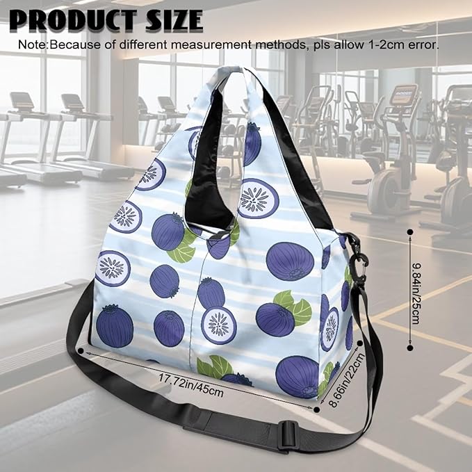 Blueberry Print Womens Gym Bag with Yoga Mat Holder and Shoe Compartment, Waterproof Portable Blue Sport Tote Bag for Women with Spacious Wet Pockets Gym Bag for Daily Use