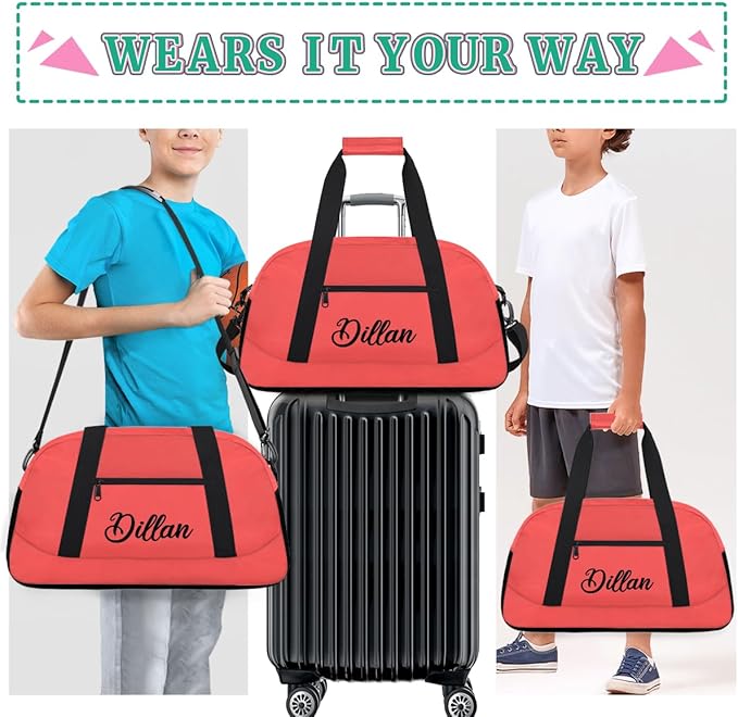 Custom Name Gym Duffel for Kids,Personalized Sports Bag Lightweight Gym Bags for Boys & Girls,Fitness Travel Weekender for Travel, Workout Coral Red