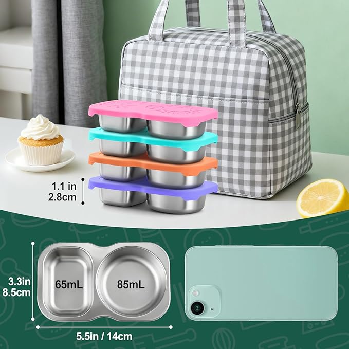 4-Pack Stainless Steel Snack Containers with Lid, Salad Dressing Container To Go, 5.3Oz 2-Compartment Small Condiment Container with Leak Proof Silicone Lid, Perfect Size Reusable Sauce Cup Snack Box