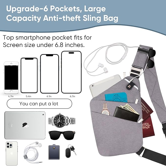 VADOO Sling Bag for Men and Women, Anti theft Crossbody Bag Lightweight Shoulder Chest Bag for Travel Gym Running