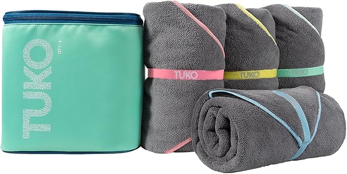 MISSION Tuko Microfiber Beach Towel Set with Water-Resistant Carrying Case for Boating and Swimming (Teal Bag Holder, 60L x 30W, Set of 4)