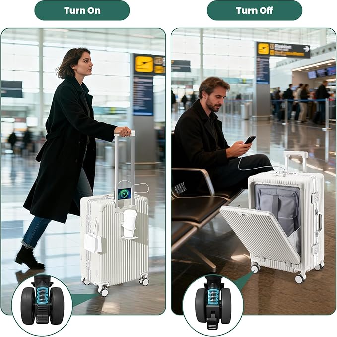 20 Inch Aluminum Frame Carry On Luggage with Front Pocket, USB Port, Phone Holder & Cup Holder, Hard Shell Spinner Suitcase for Airplane Travel, White