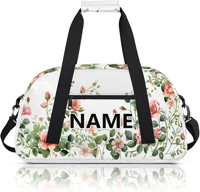 Leaves Floral Rose Mini Gym Bag 18 inch for Women Men Waterproof Custom Pink Flowers Travel Duffel Bag Carry On Overnight Tote Nurse Bag for Work Fitness Hiking