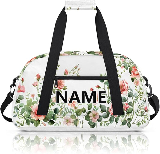 Leaves Floral Rose Mini Gym Bag 18 inch for Women Men Waterproof Custom Pink Flowers Travel Duffel Bag Carry On Overnight Tote Nurse Bag for Work Fitness Hiking