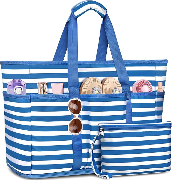 Large Beach Bag with Zipper, 12 Pockets Waterproof Sandproof Pool Bag Womens Mesh Beach Tote Bag for Travel Vacation